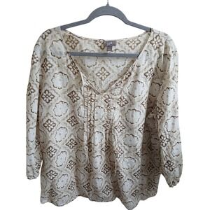 J Jill Linen Blend Tunic Top Beige Print 3/4 Sleeve beachy boho lagenlook L